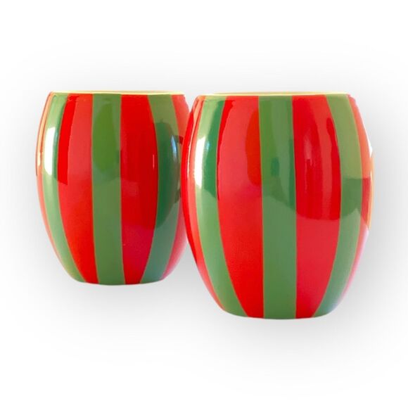 CHRISTMAS MUGS Red Green Striped Holiday Ceramic Coffee Mugs Set of 2 Cups NEW - Picture 3 of 6